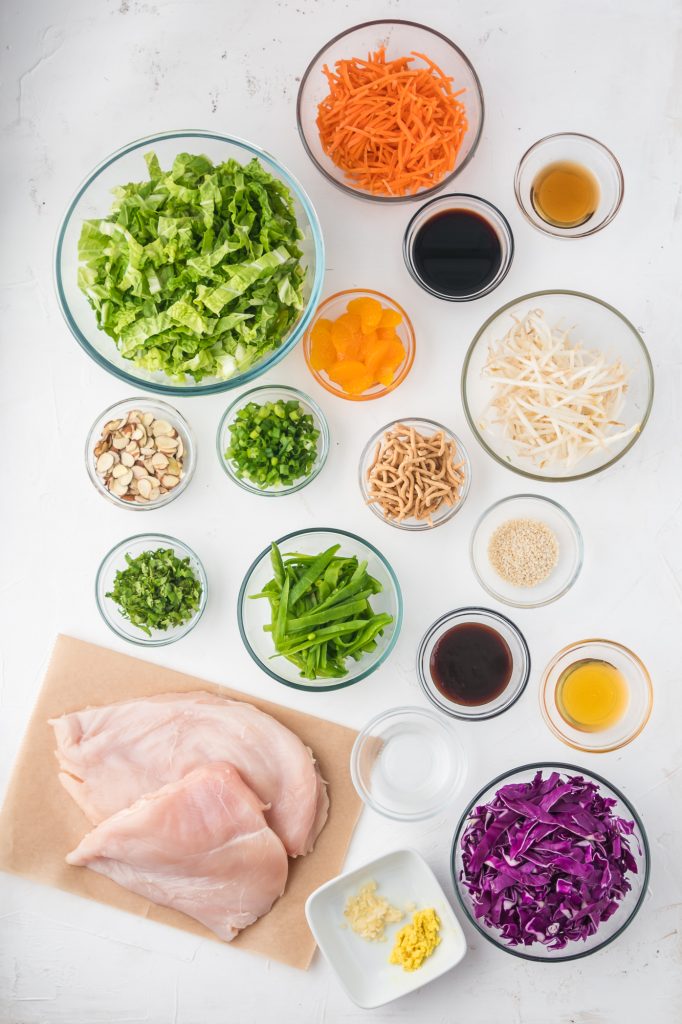 A mis-en-place of the ingredients needed to make the Chinese Style Chicken Salad with Cabbage.