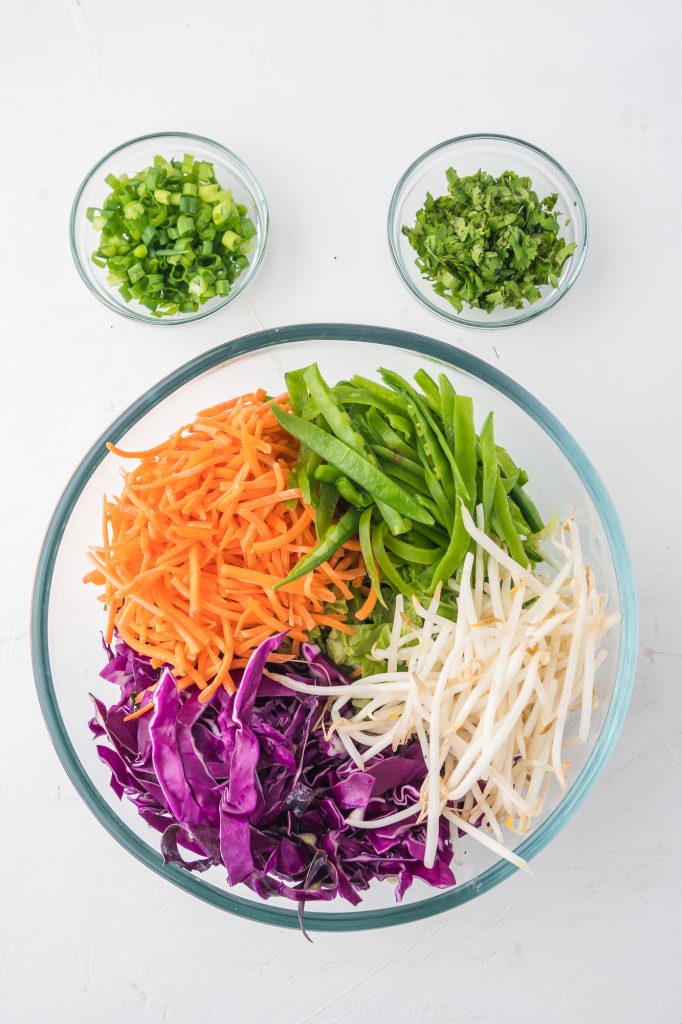 A glass bowl of the combined Chinese Style Chicken Salad with Cabbage salad ingredients.