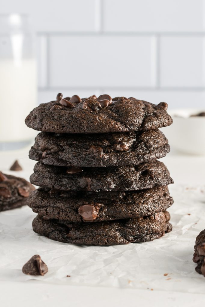 A stack of five Chewy Double Chocolate Chip Cookies.