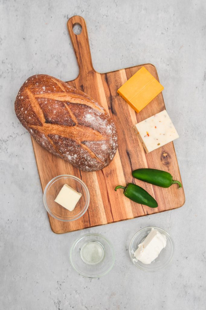 A mis-en-place of the ingredients needed for the Jalapeño Grilled Cheese Sandwich.