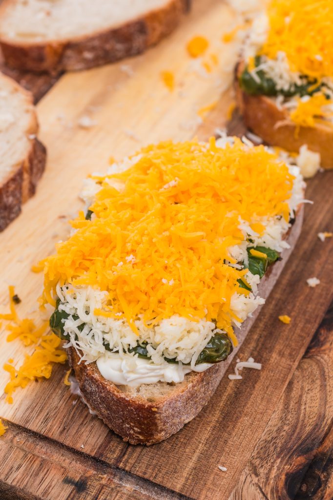 A closeup of an assembled Jalapeño Grilled Cheese Sandwich before it's grilled.