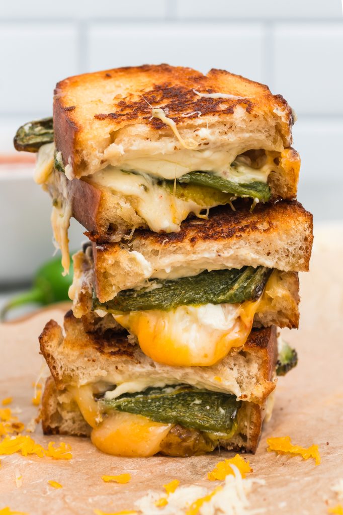 A stack of three pieces of Jalapeño Grilled Cheese Sandwich.