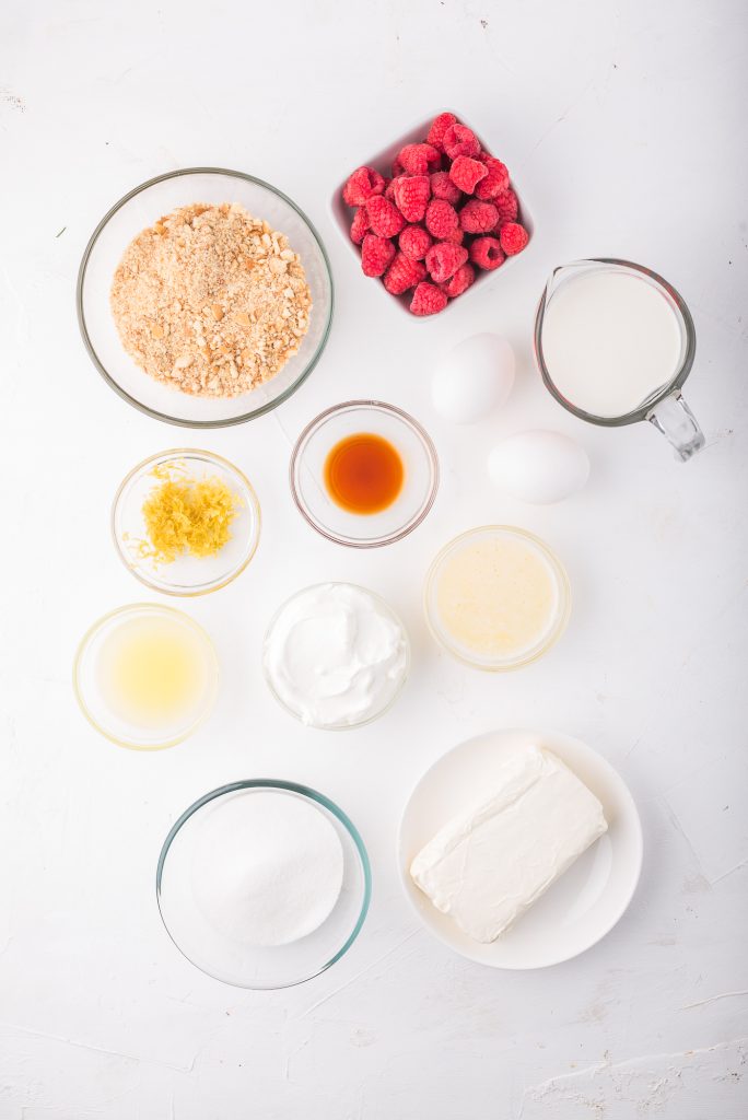 A mis-en-place of the ingredients for Mini Cheesecake Bites.