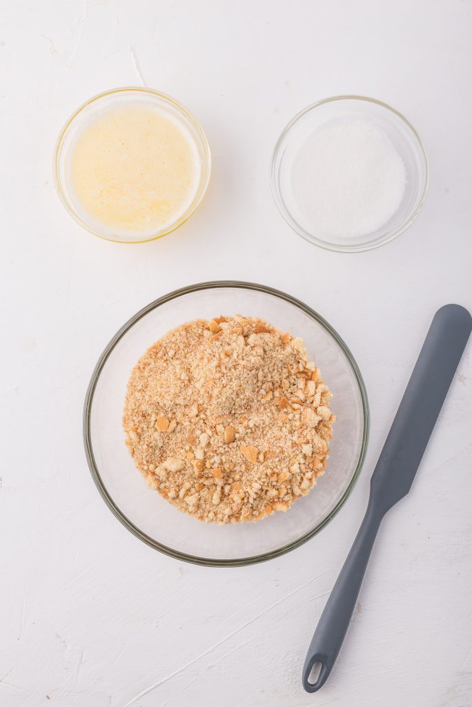 The ingredients for the Mini Cheesecake Bites crust mixture.