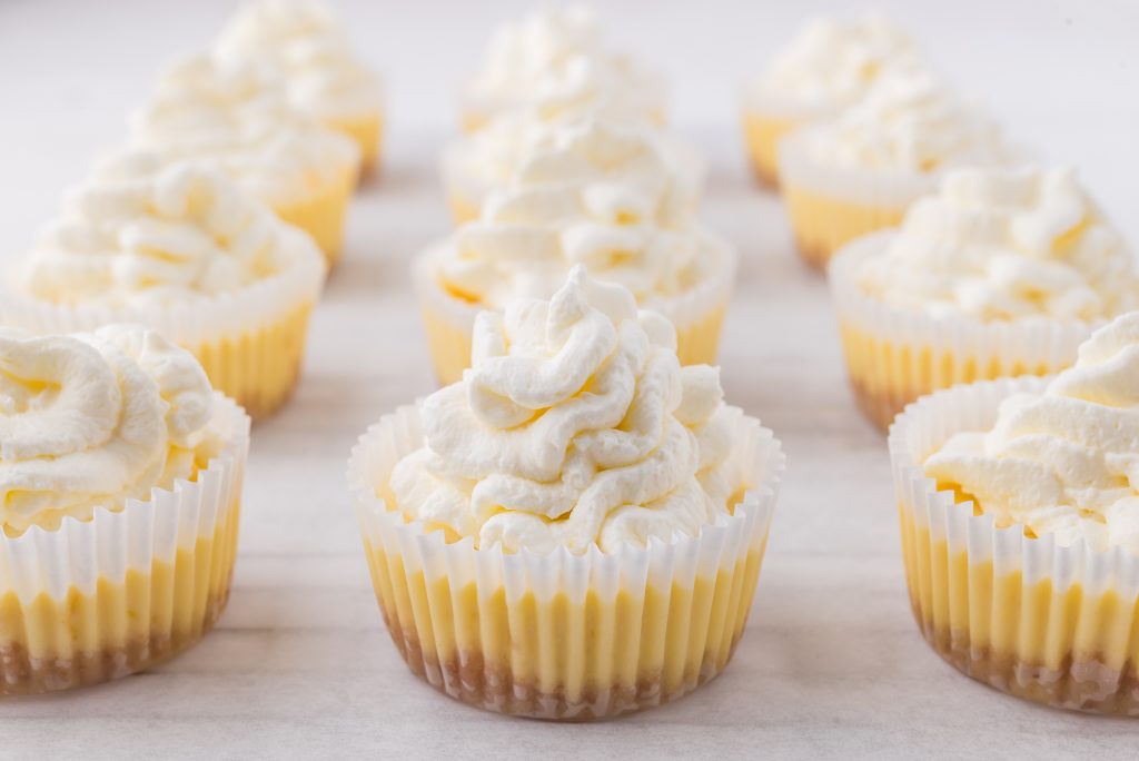 A close up of the whipped cream topped Mini Cheesecake Bites.