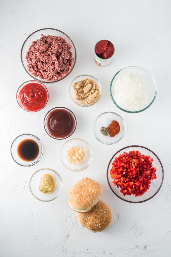 A mis-en-place of ingredients to make slow cooker sloppy joes.