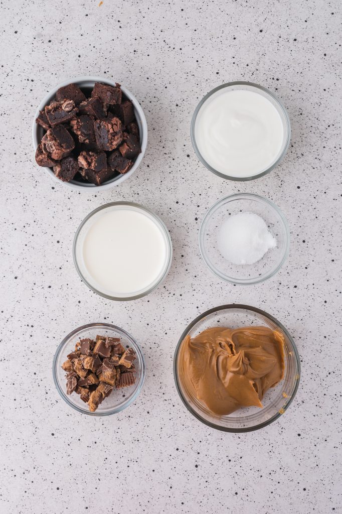 A mis-en-place of the ingredients needed for Peanut Butter Brownie Parfaits.