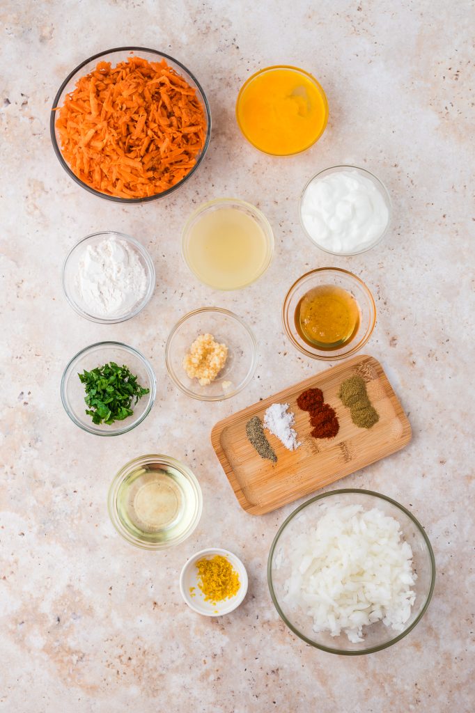 A mis-en-place of ingredients for Sweet Potato Fritters with Honey Lemon Yogurt sauce.