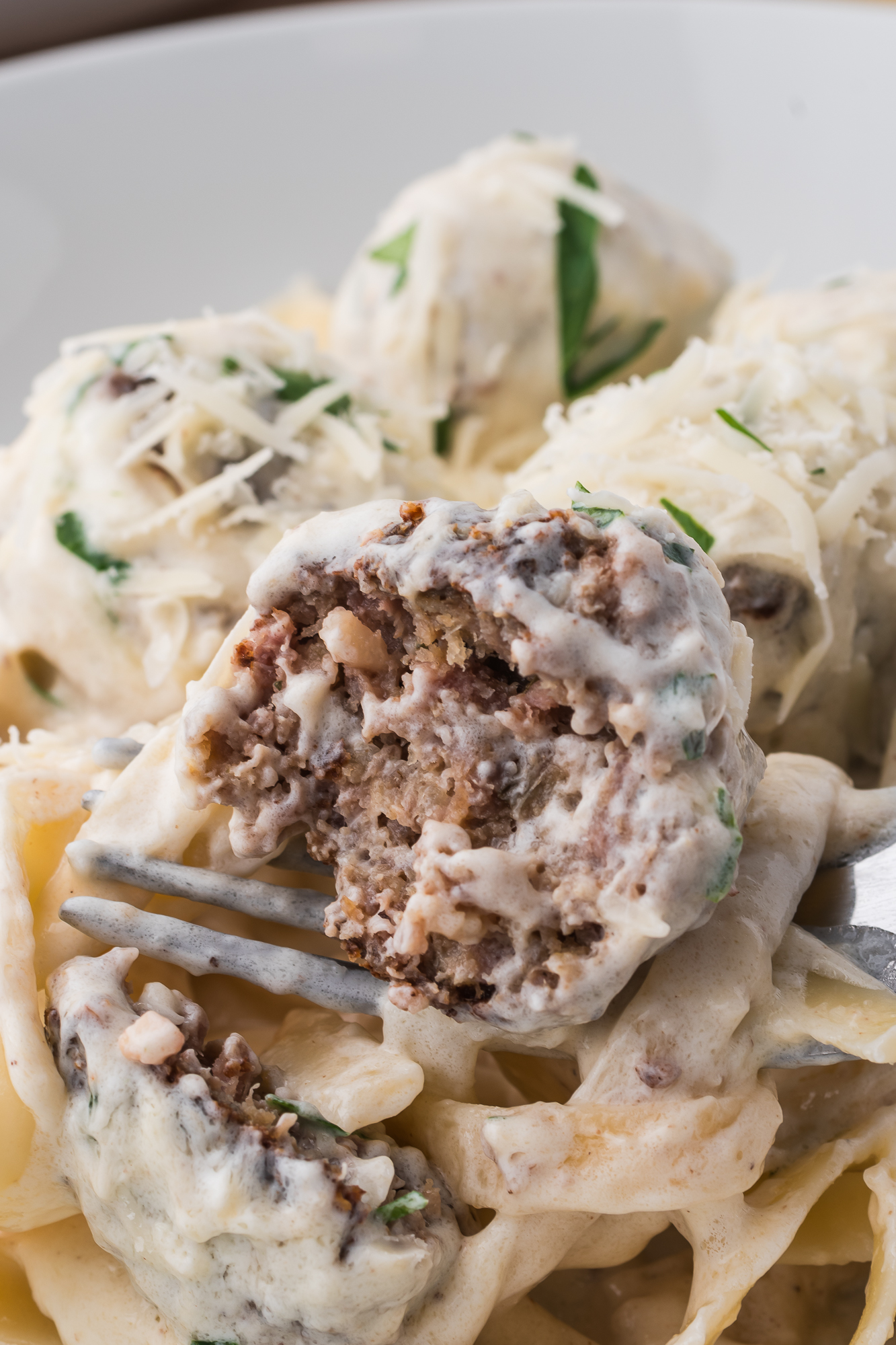 A close up of a Alfredo and Meatballs bite.