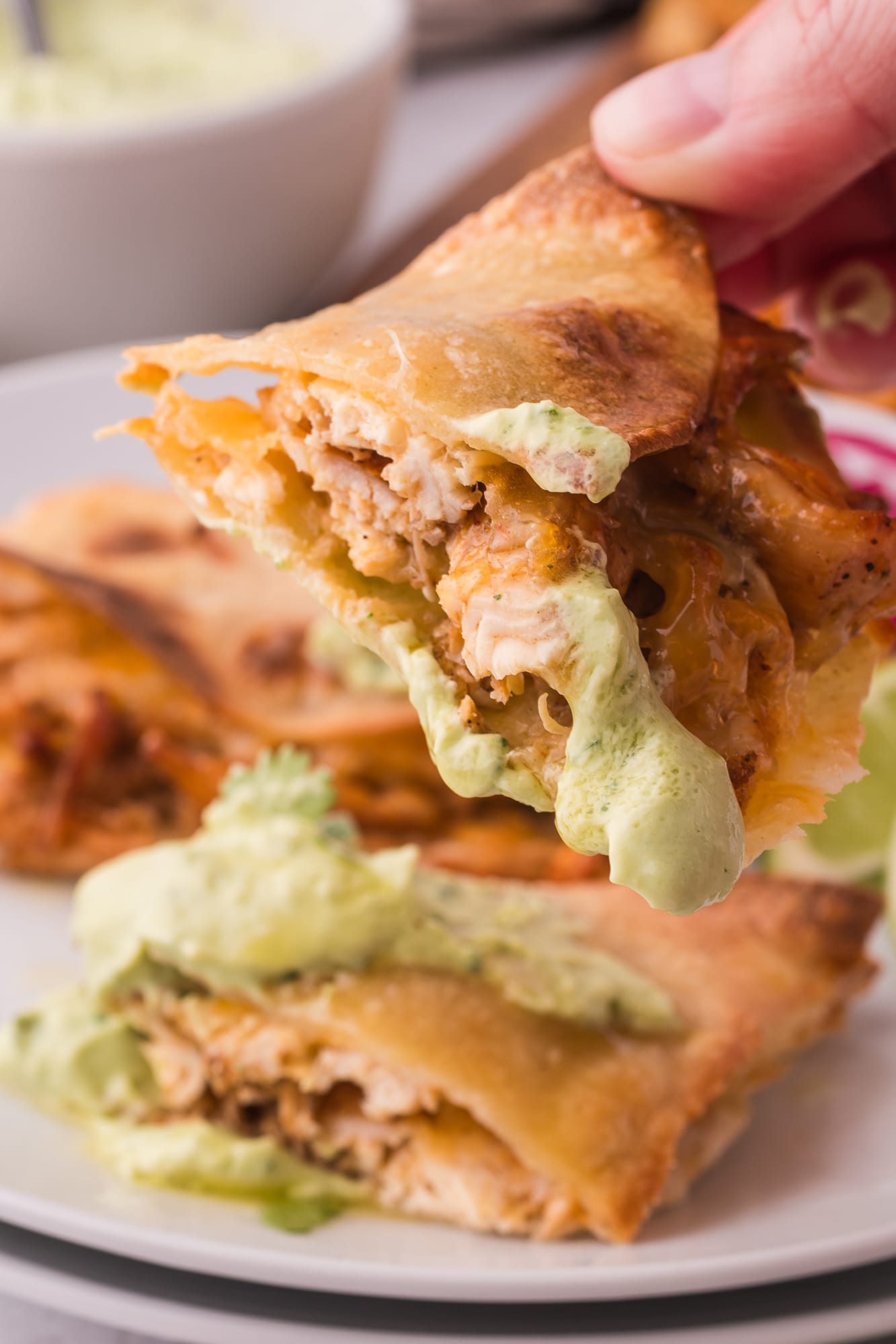 A close-up of a hand holding a piece of Baked Chicken Tacos with Avocado Lime Crema.