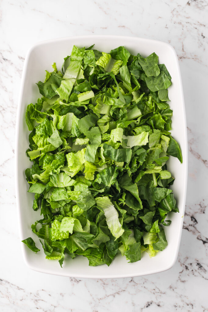 A bed of chopped romaine in a large bowl.