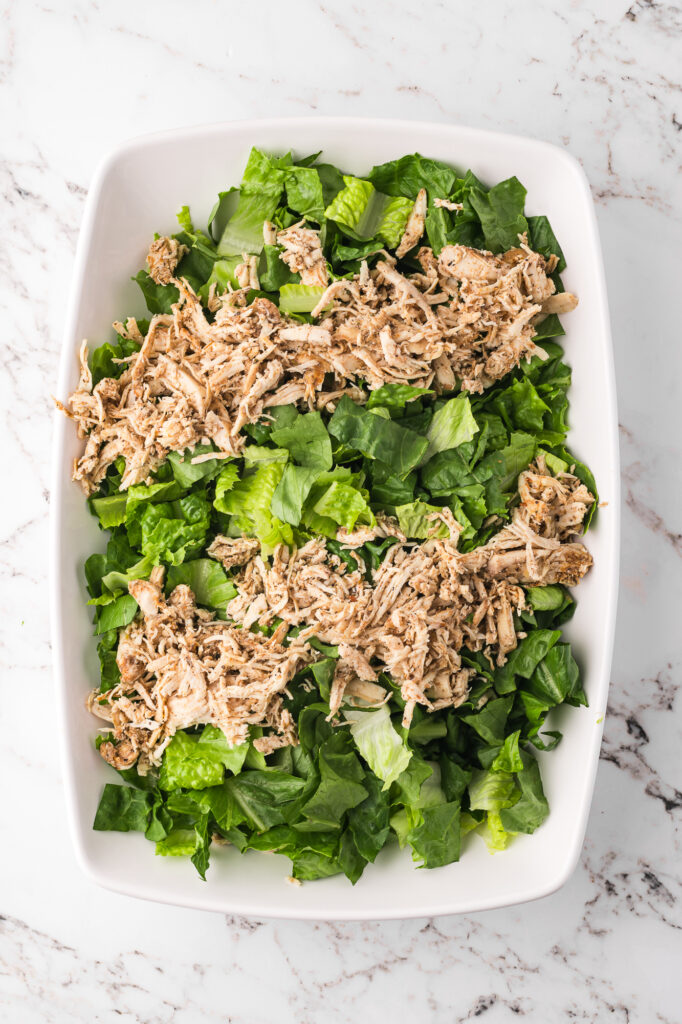 Some shredded chicken placed on a bed of chopped romaine in a large bowl.