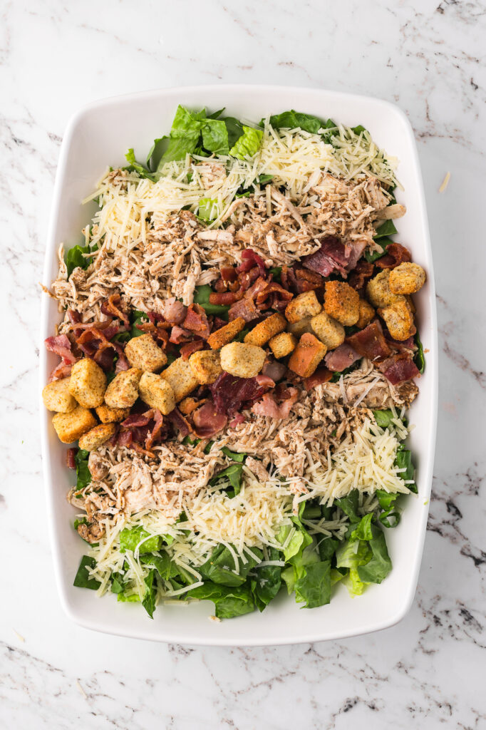 Some shredded chicken, bacon, Parmesan cheese, and croutons placed on a bed of chopped romaine in a large bowl.