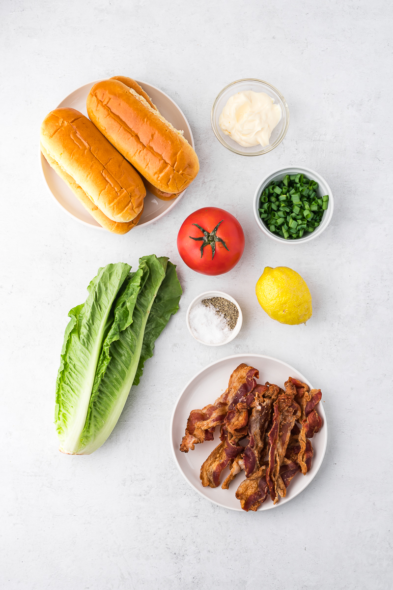 A mis en place of the ingredients for Chopped BLT Sandwiches.