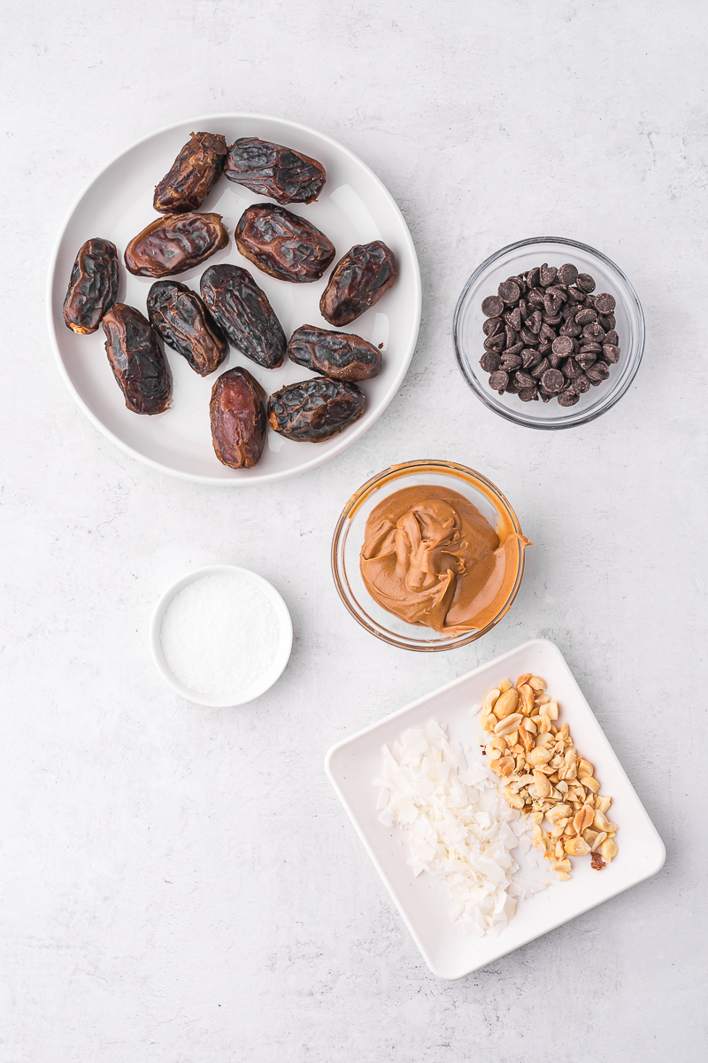 A mis en place of the ingredients for Peanut Butter Stuffed Dates.