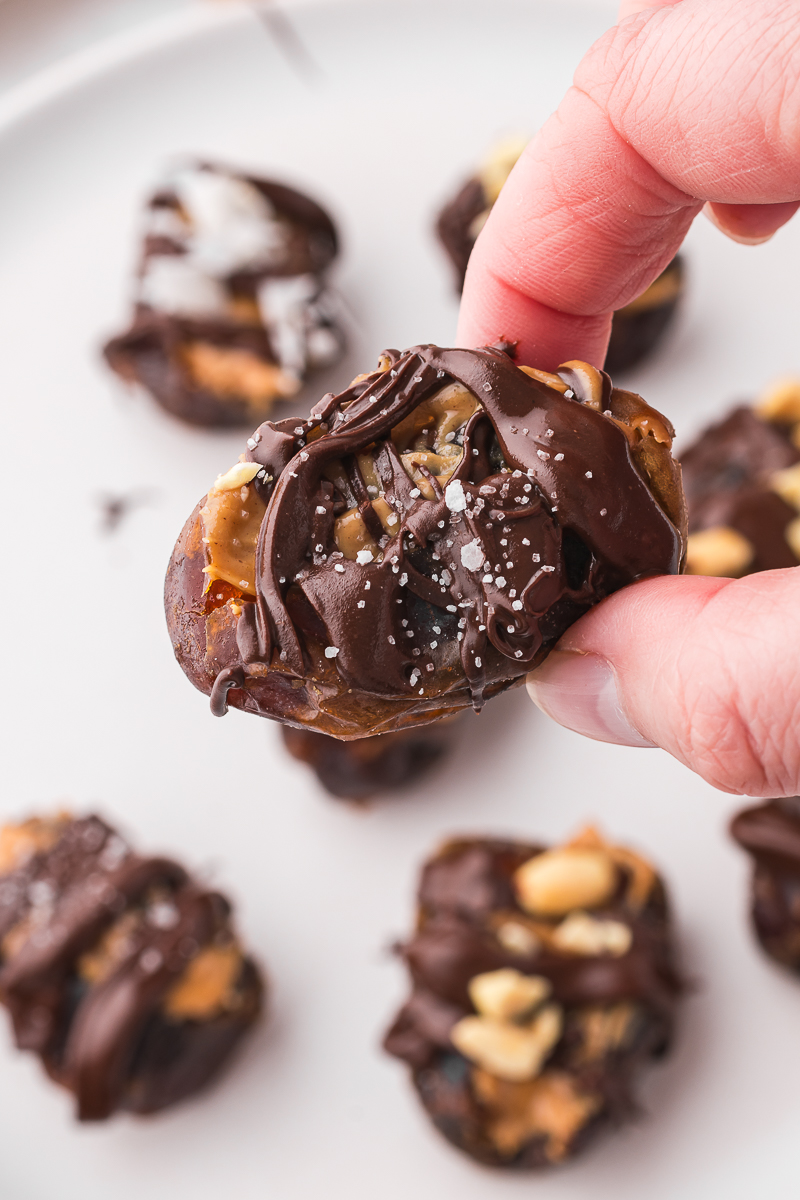 A close up of a one of the Peanut Butter Stuffed Dates.