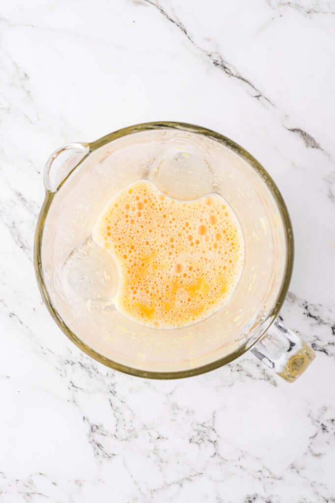 A top view of blended oranges in a blender.