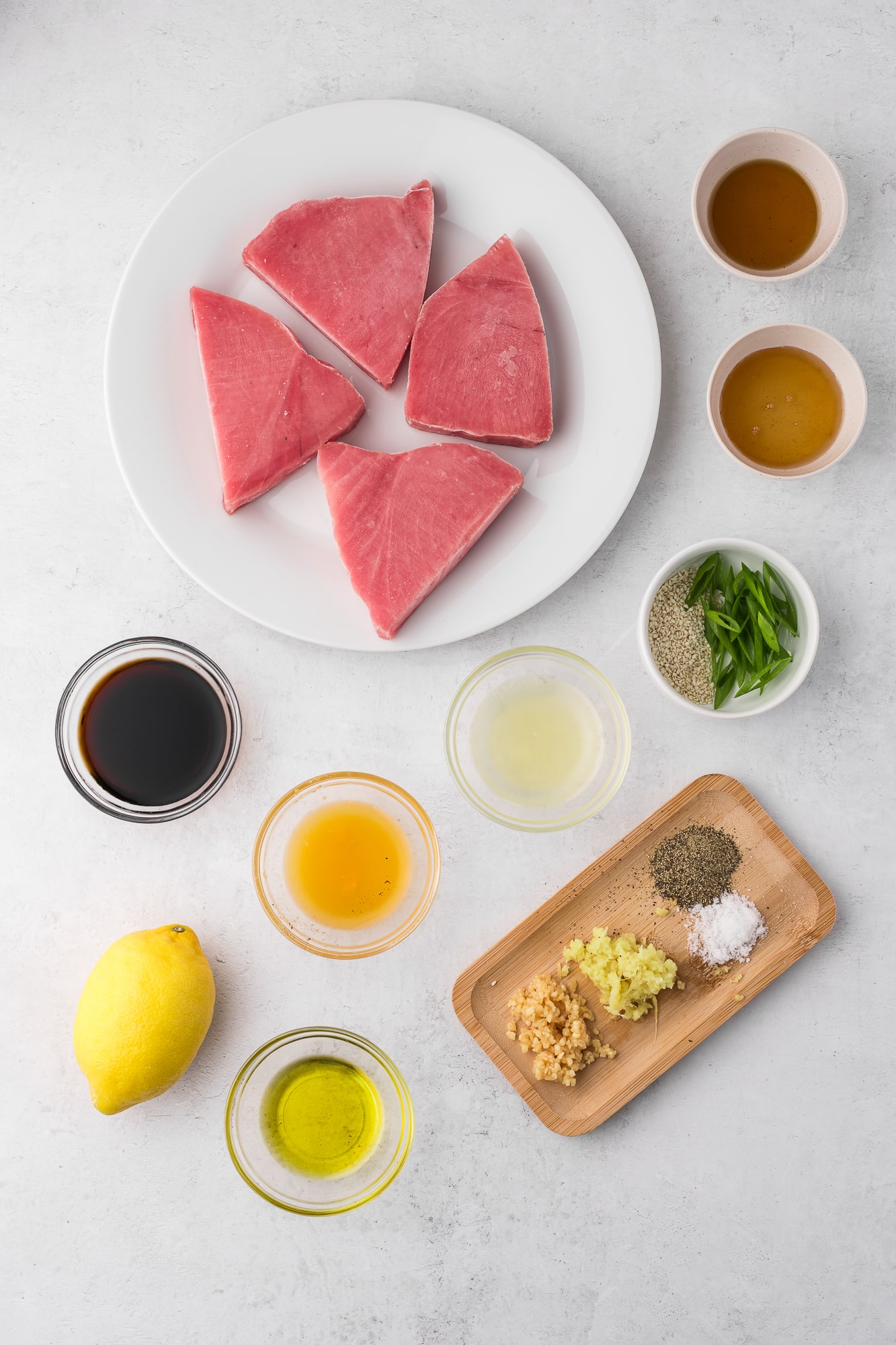 A mis-en-place of ingredients for Grilled Tuna Steaks.