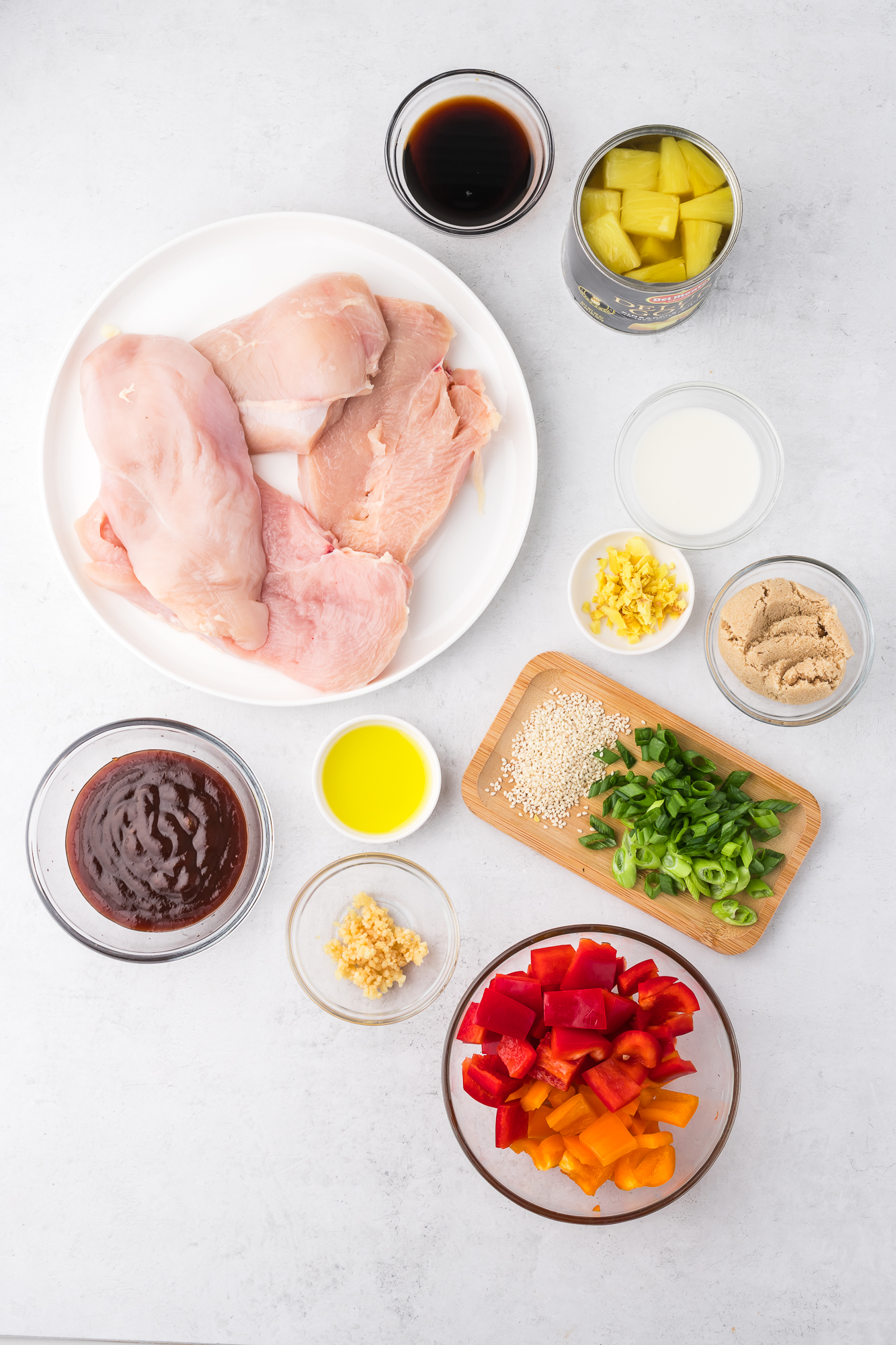 A mis-en-place of ingredients for Slow Cooker Hawaiian Chicken.