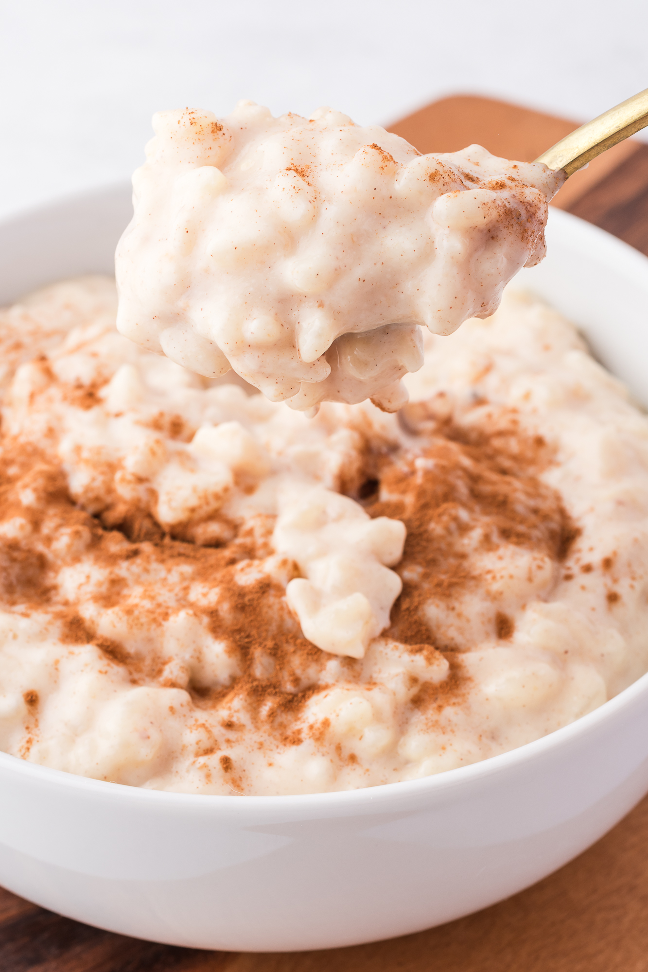 A close up of a spoonful of Rice Pudding with Condensed Milk with cinnamon sprinkled on top.