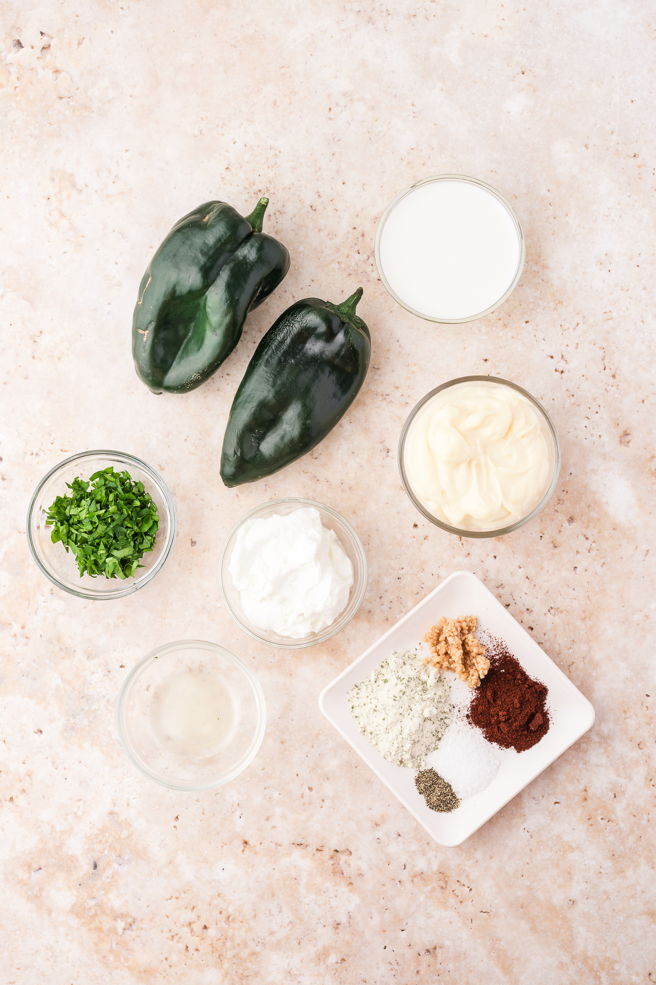 A mis-en-place of the ingredients for Smoky Poblano Ranch Dressing.