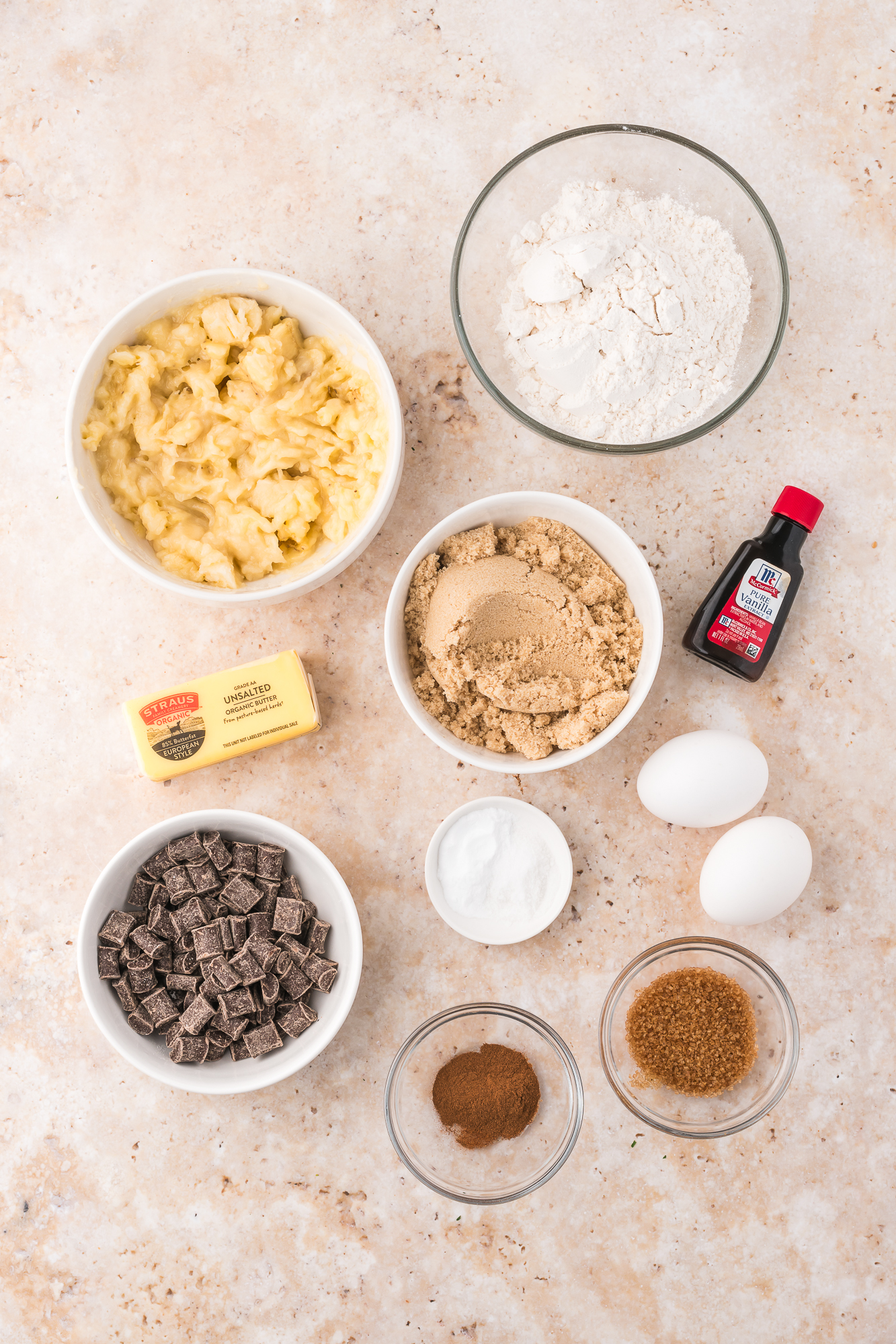 A mis-en-place of ingredients for Chocolate Chunk Banana Bread.