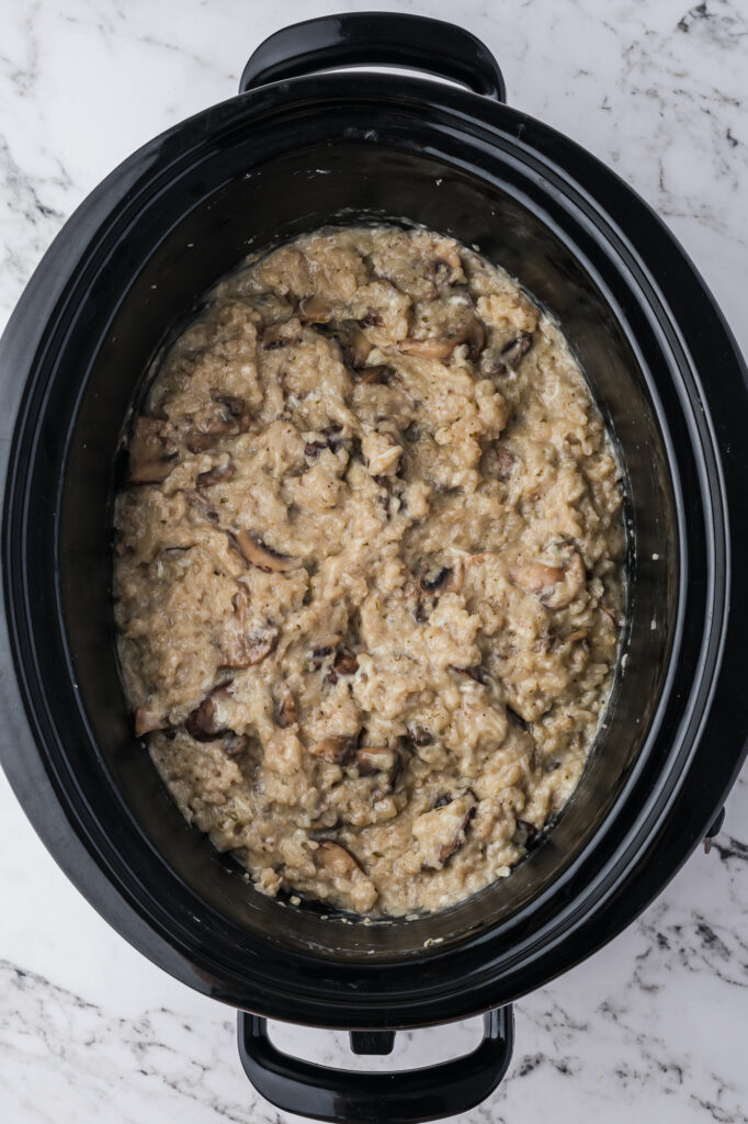 A creamier Slow Cooker Mushroom Risotto in the slow cooker.