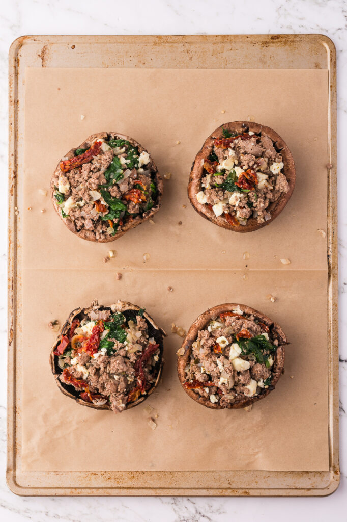 Four portobello mushrooms stuff with the turkey mixture for Stuffed Portobello Mushrooms.