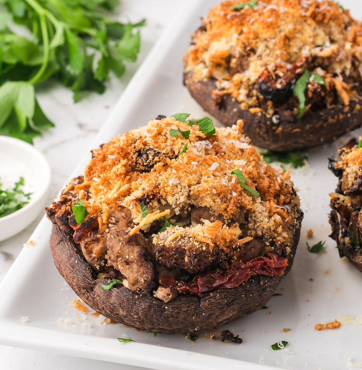 A close-up of Stuffed Portobello Mushrooms.