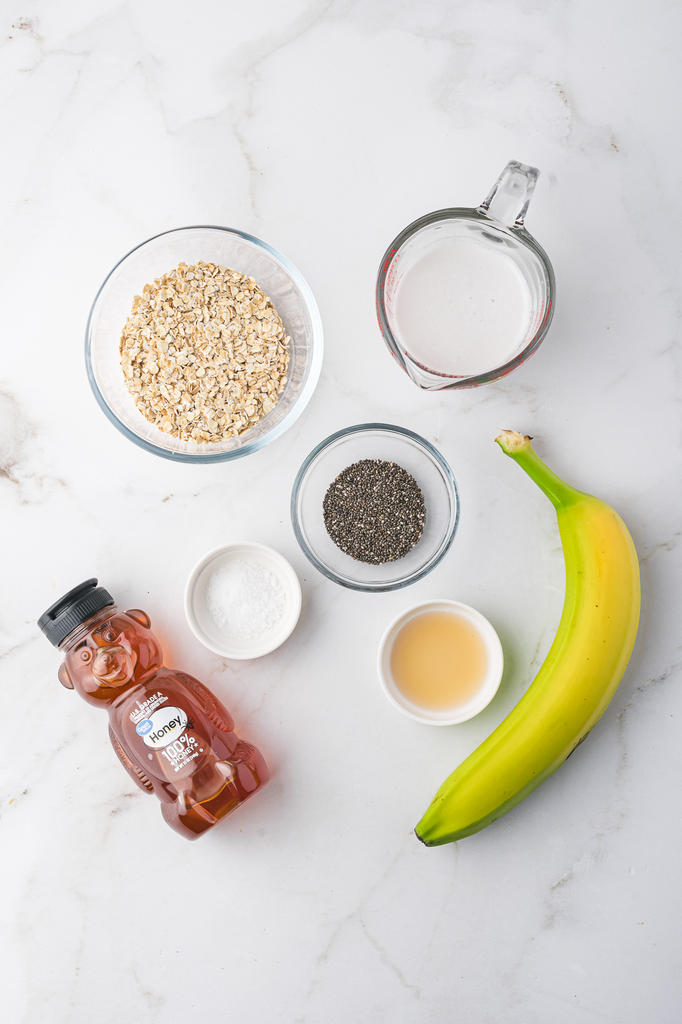 A mis-en-place of ingredients for Banana Chia Overnight Oats.