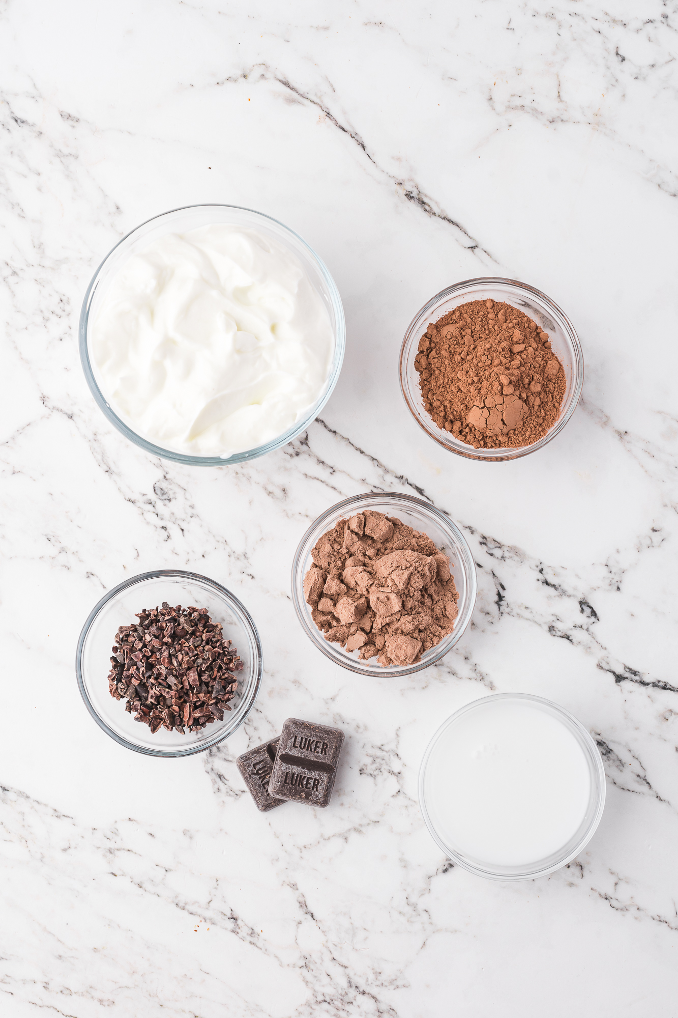 A mis-en-place of ingredients for Chocolate Protein Pudding.