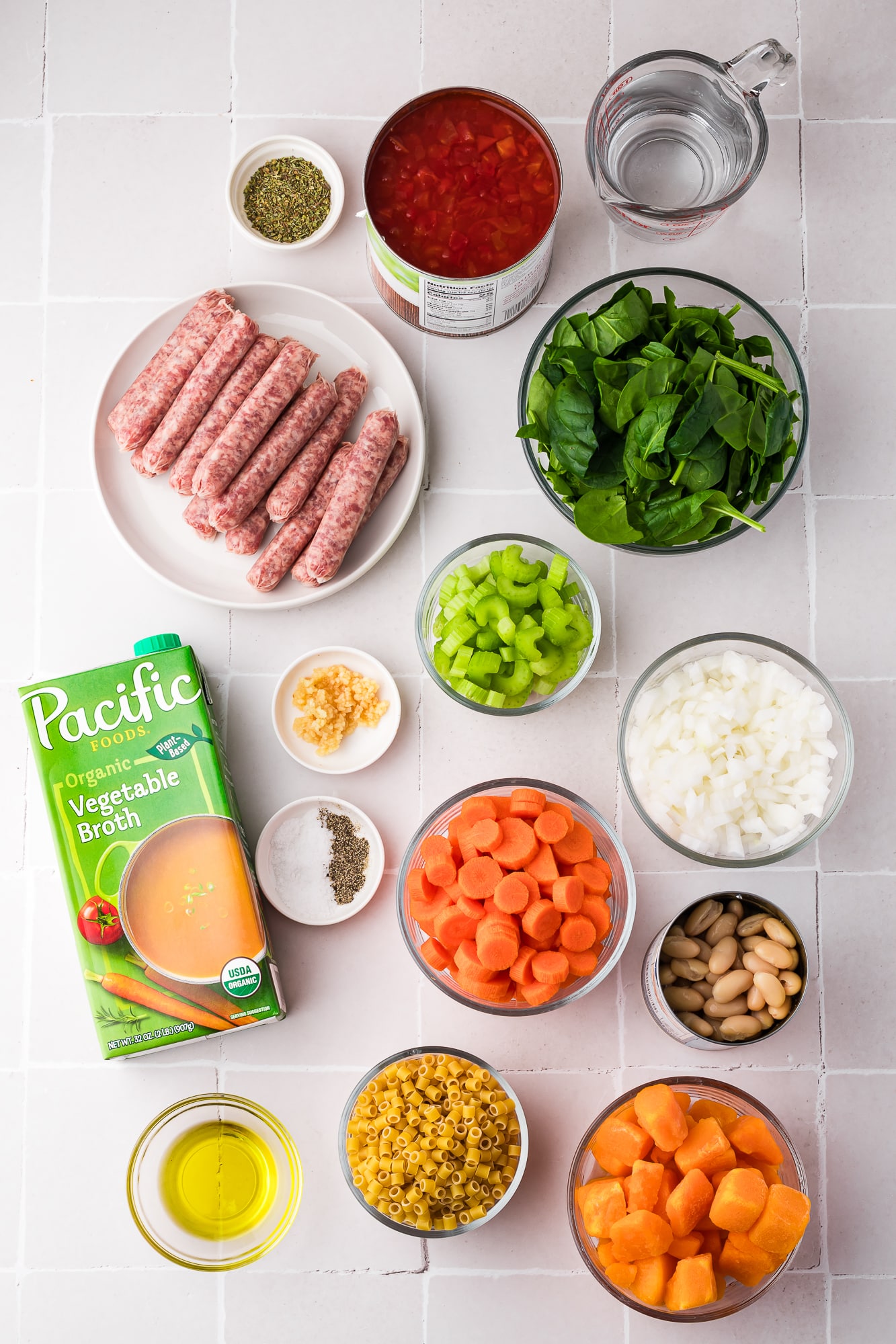 A mis-en-place of ingredients for Sausage Minestrone Soup