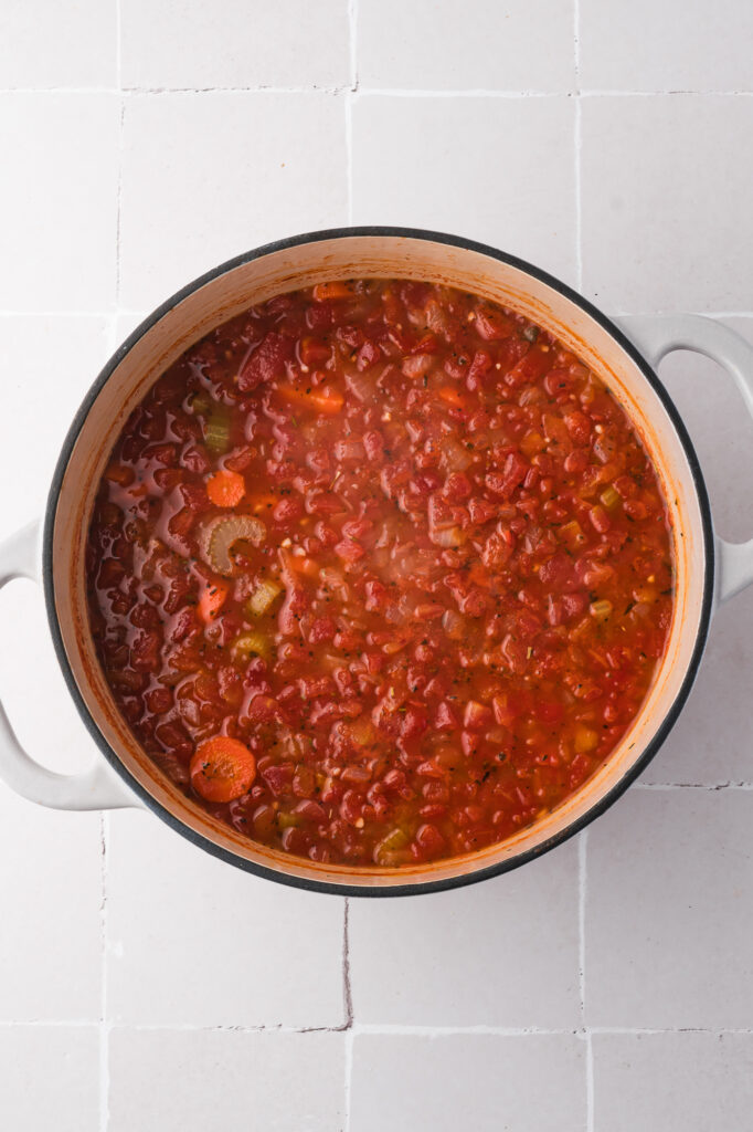 A mid-cooking pot of Sausage Minestrone Soup