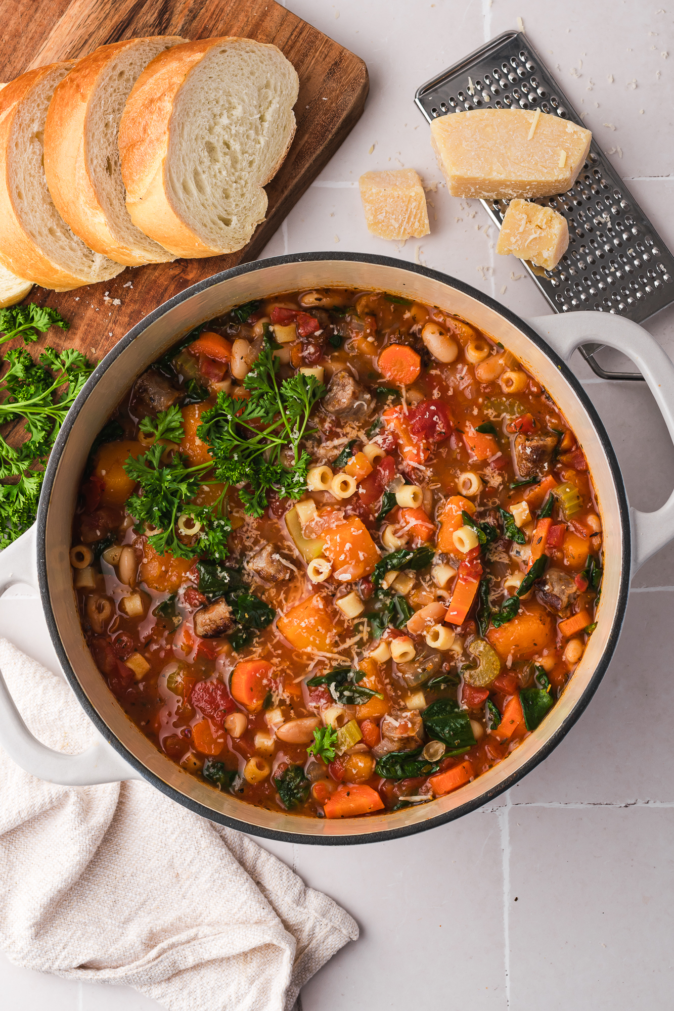 A finished pot of Sausage Minestrone Soup