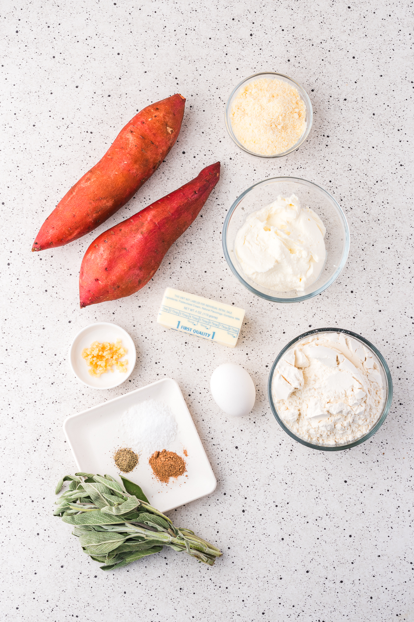 A mis-en-place of ingredients for Sweet Potato Gnocchi with Sage Brown Butter Sauce.