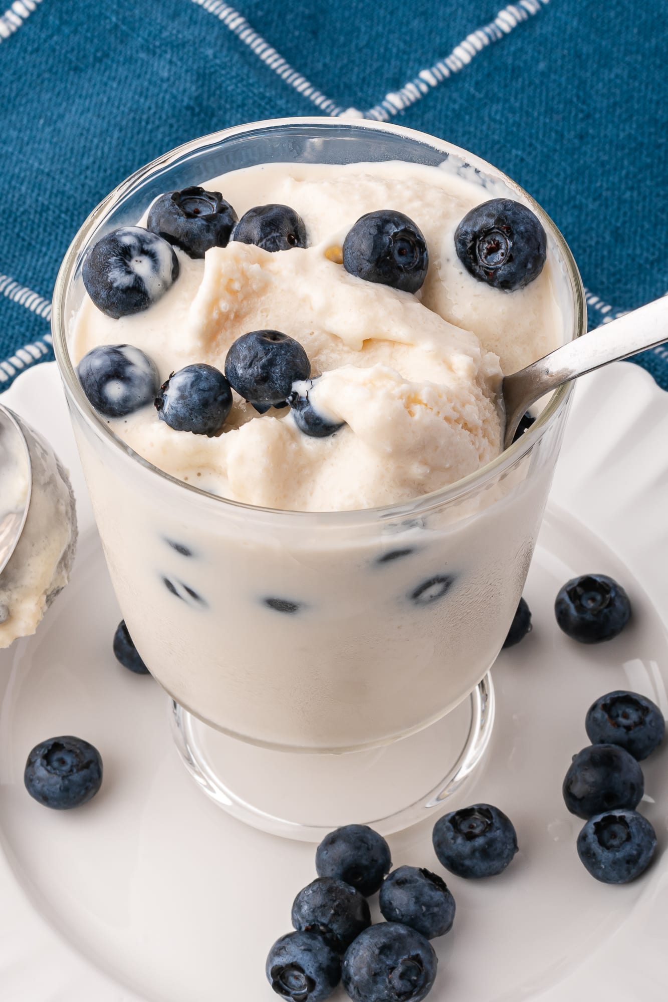 A glass of Ninja Creami Vanilla Cottage Cheese Ice Cream topped with fresh blueberries with a spoon in it
