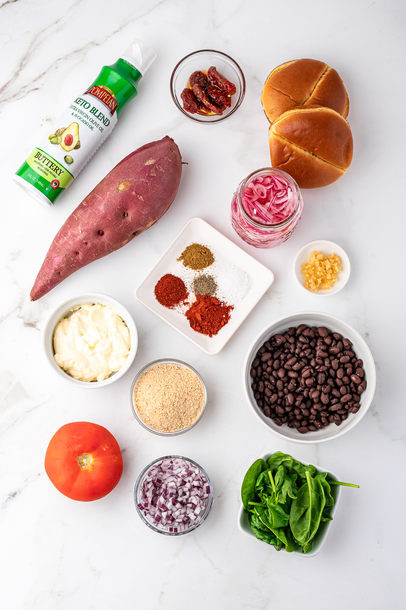 A mis-en-place of ingredients for Air Fryer Sweet Potato and Black Bean Burgers with Sun-dried Tomato Aioli