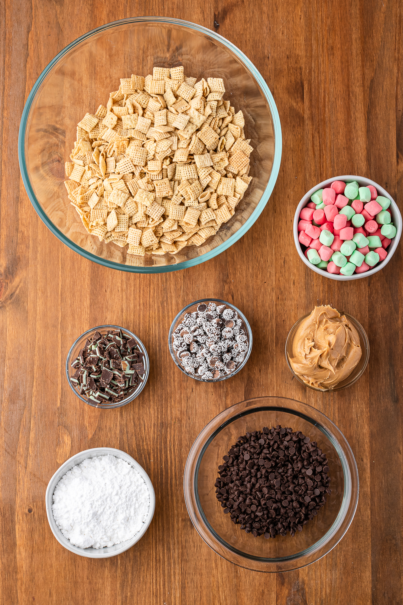 A mis-en-place of ingredients for Reindeer Chow