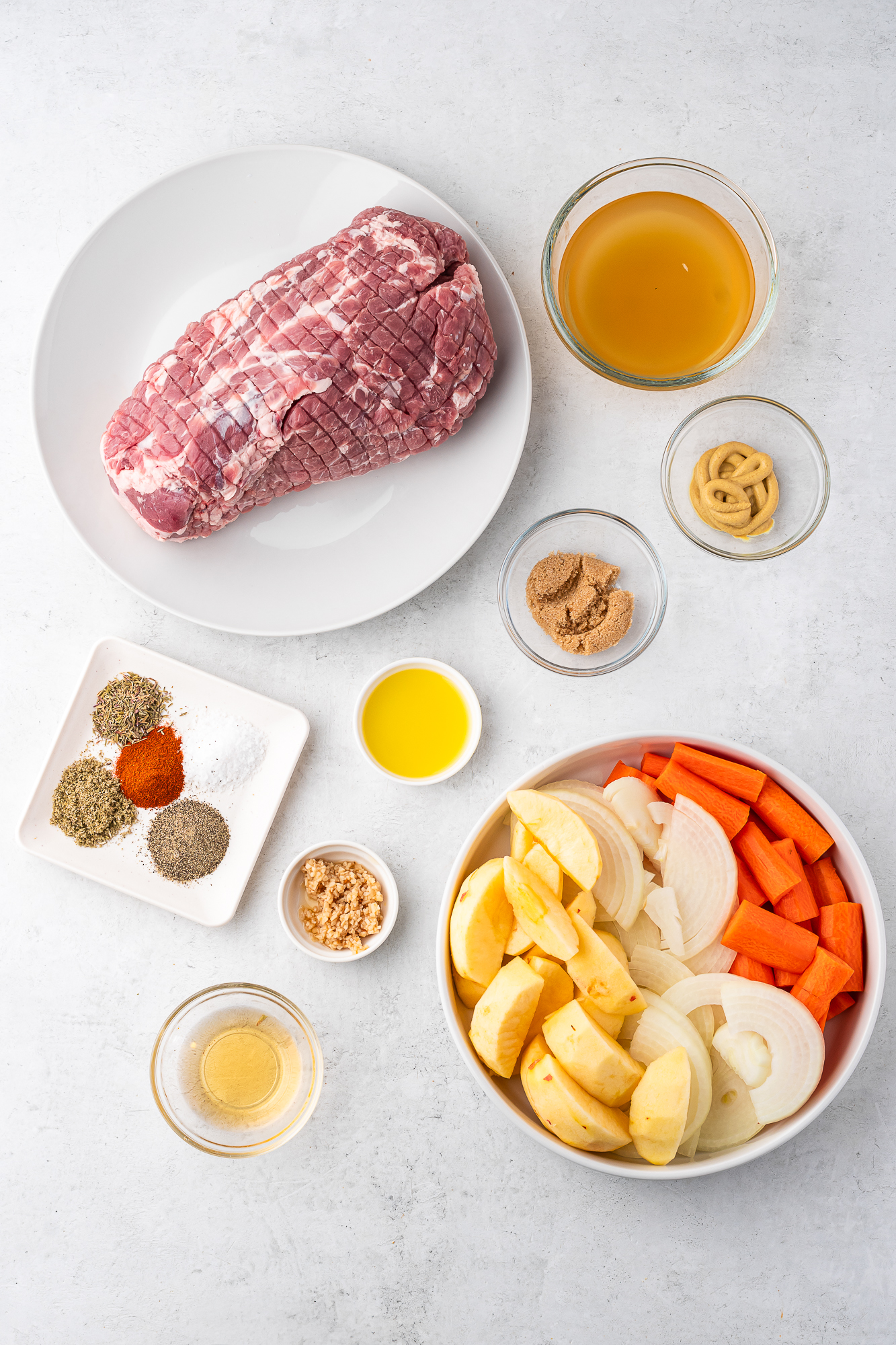 A mis-en-place of ingredients for Slow Cooker Pork Roast