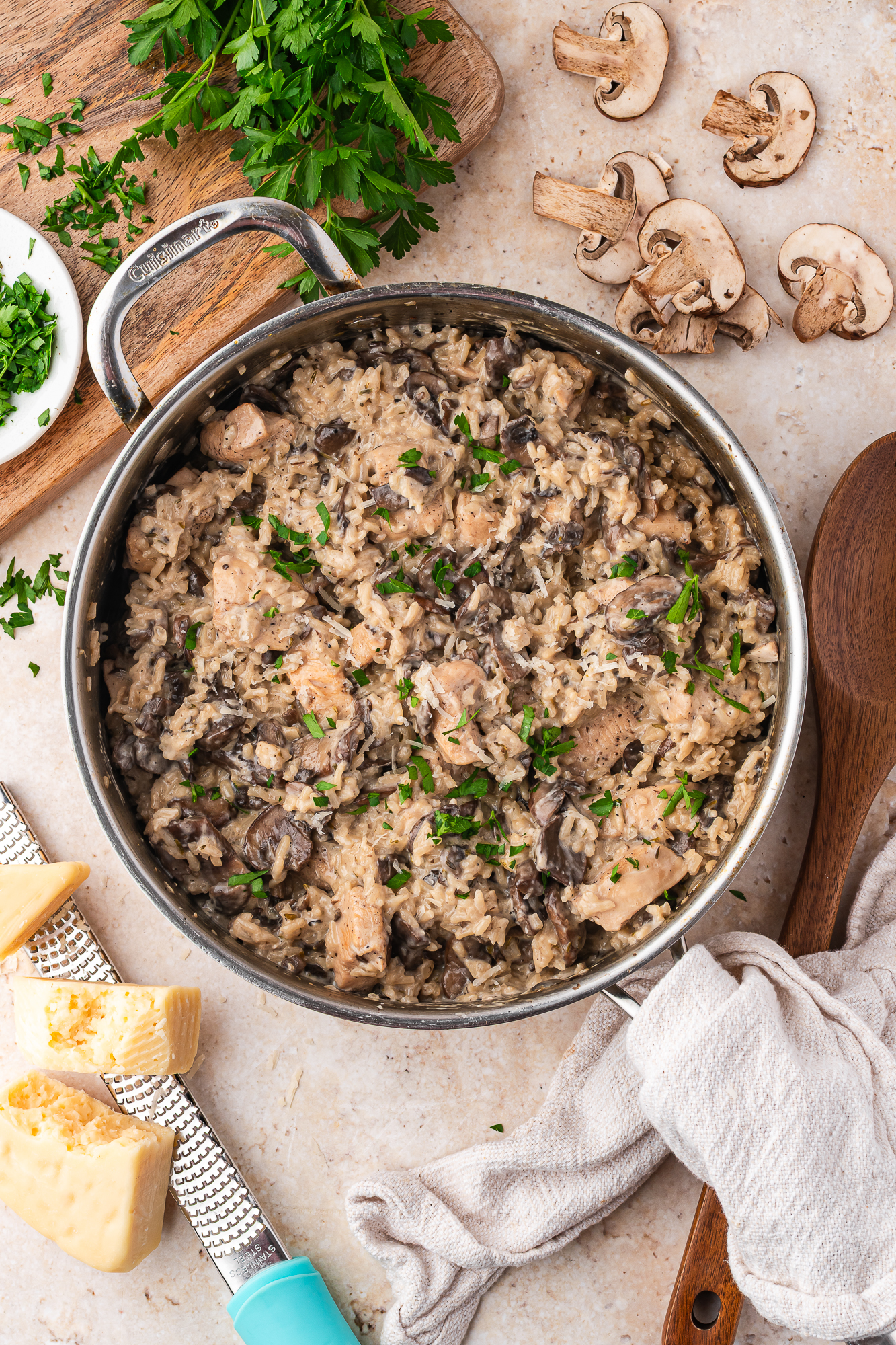 A completed skillet of Creamy Mushroom Chicken and Rice