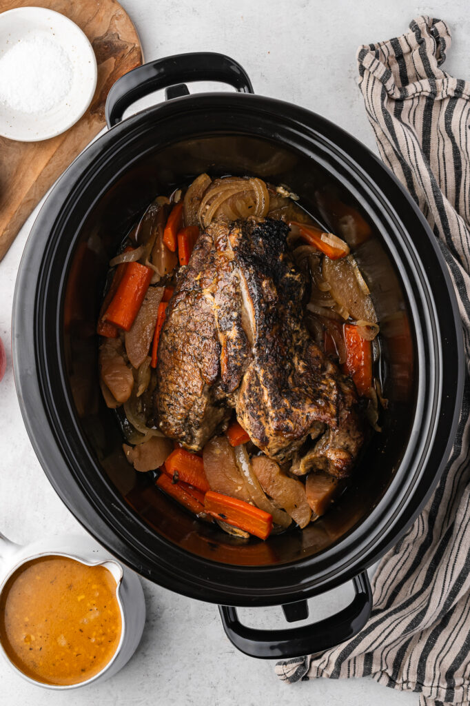 A slow cooker of completed Slow Cooker Pork Roast