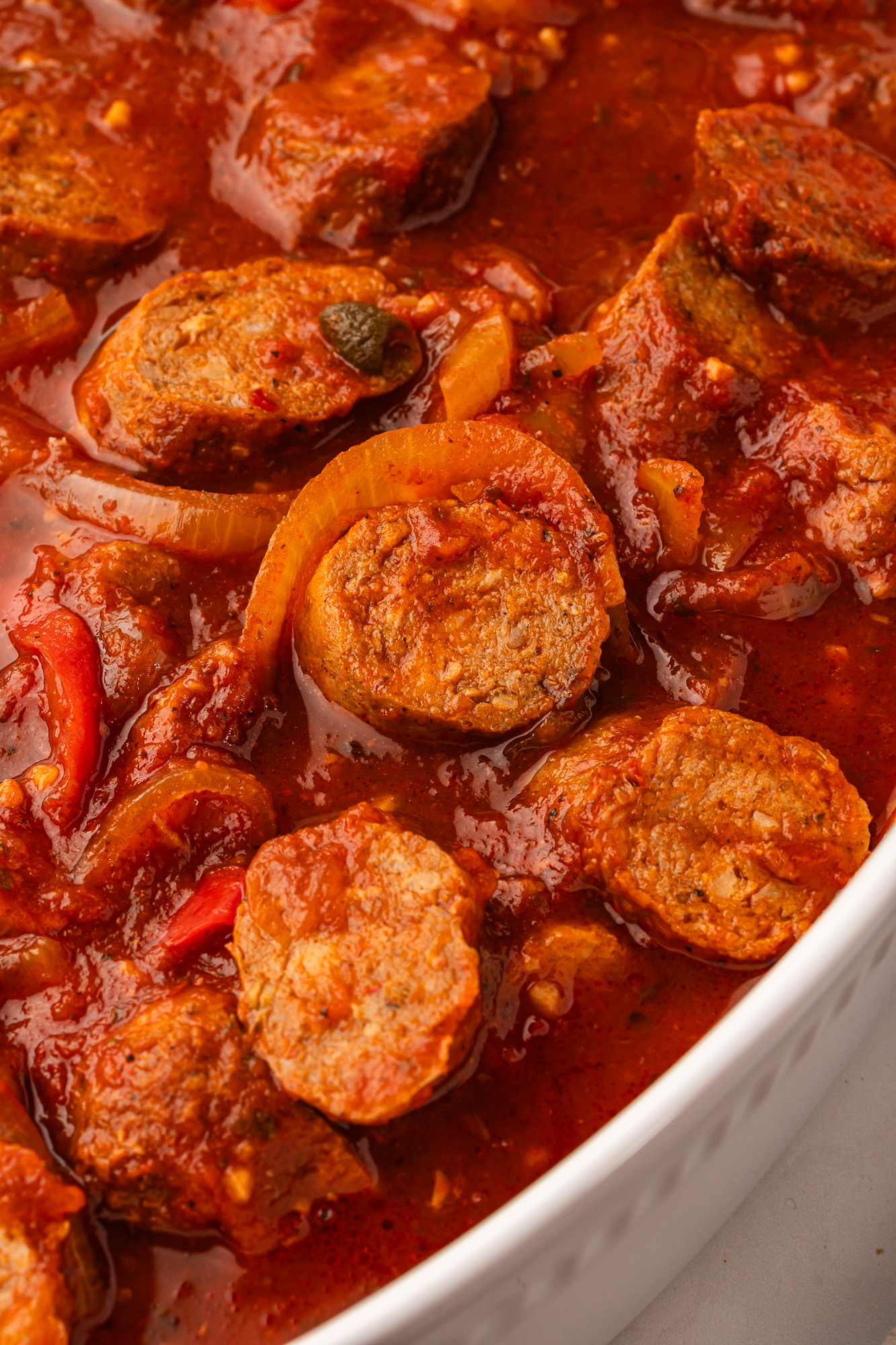 A close-up of the completed Slow Cooker Sausage and Peppers