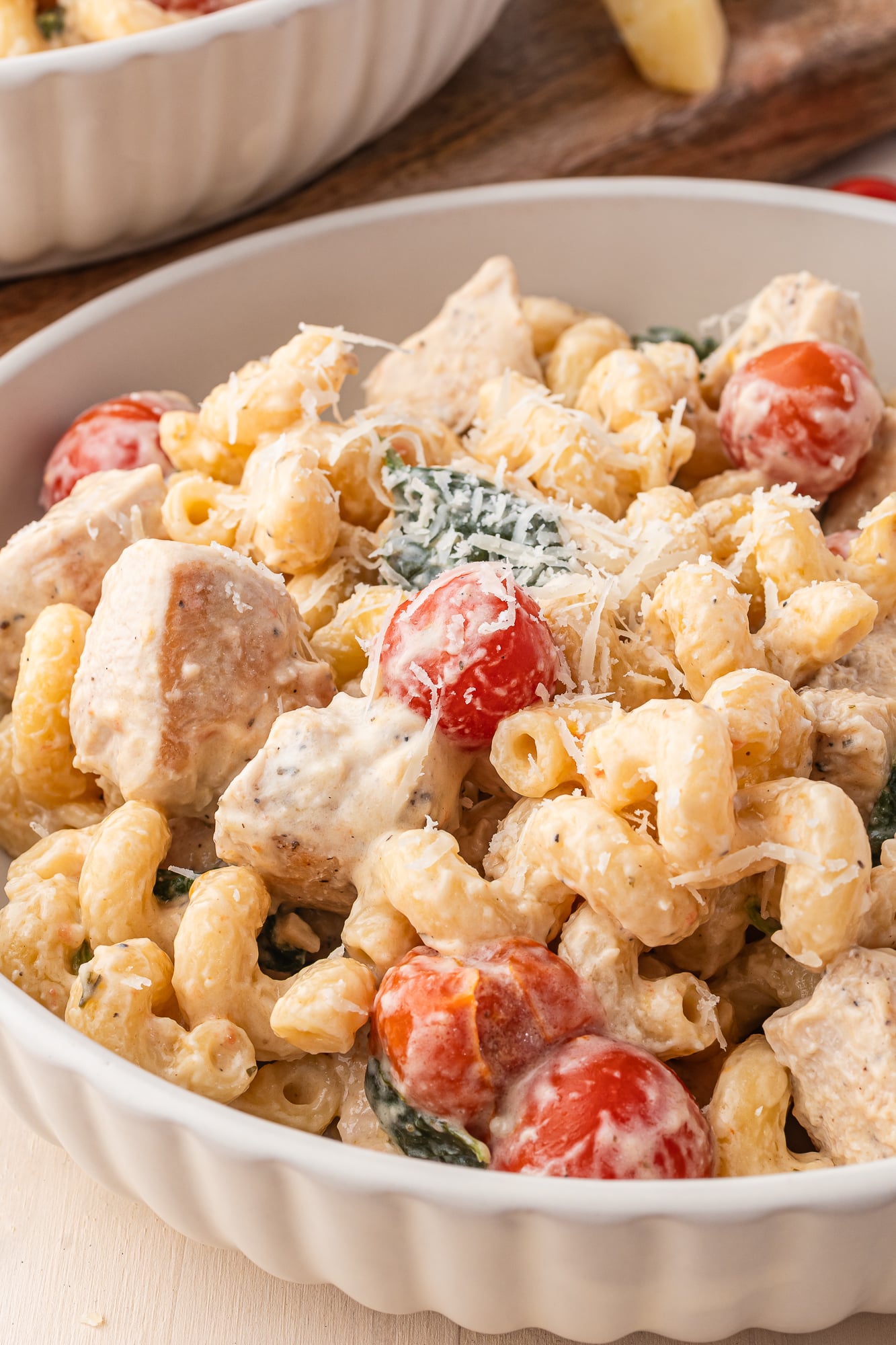 A close-up of a bowl of Boursin Cheese Pasta with Chicken