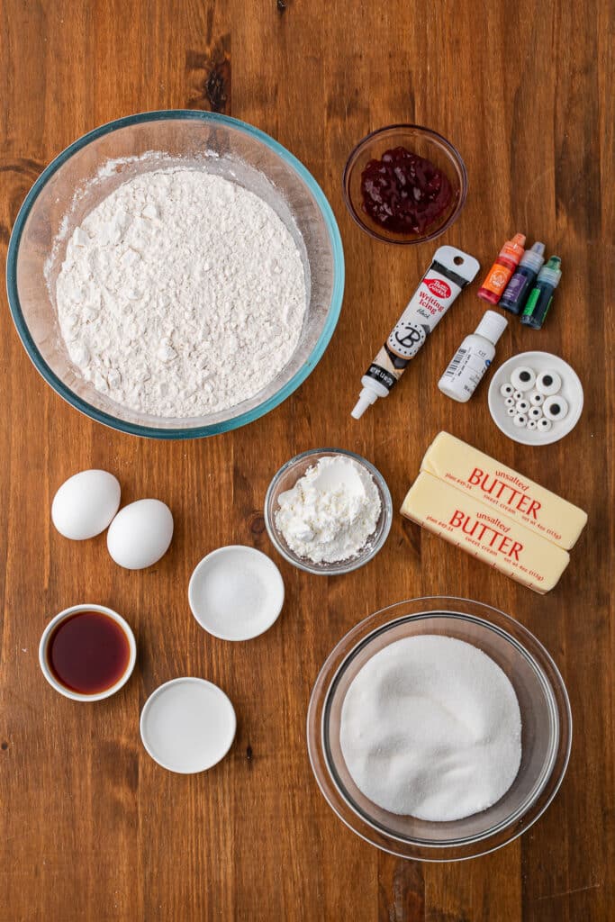 A mis-en-place of the ingredients for Halloween Spritz Cookies